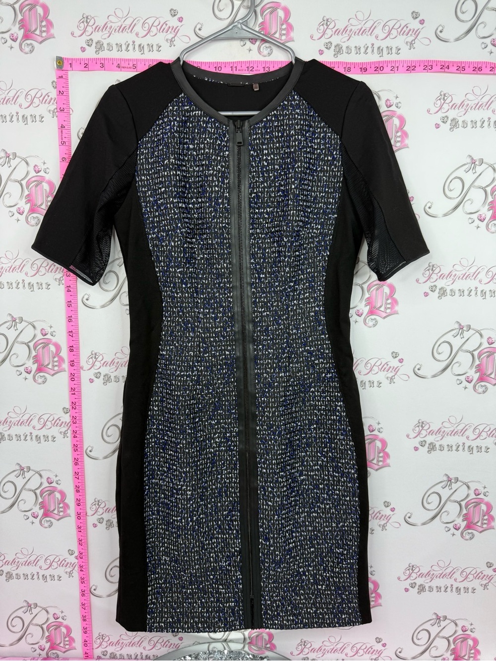 Elie Tahari Black and Navy Tweed Zip-Front Midi Dress